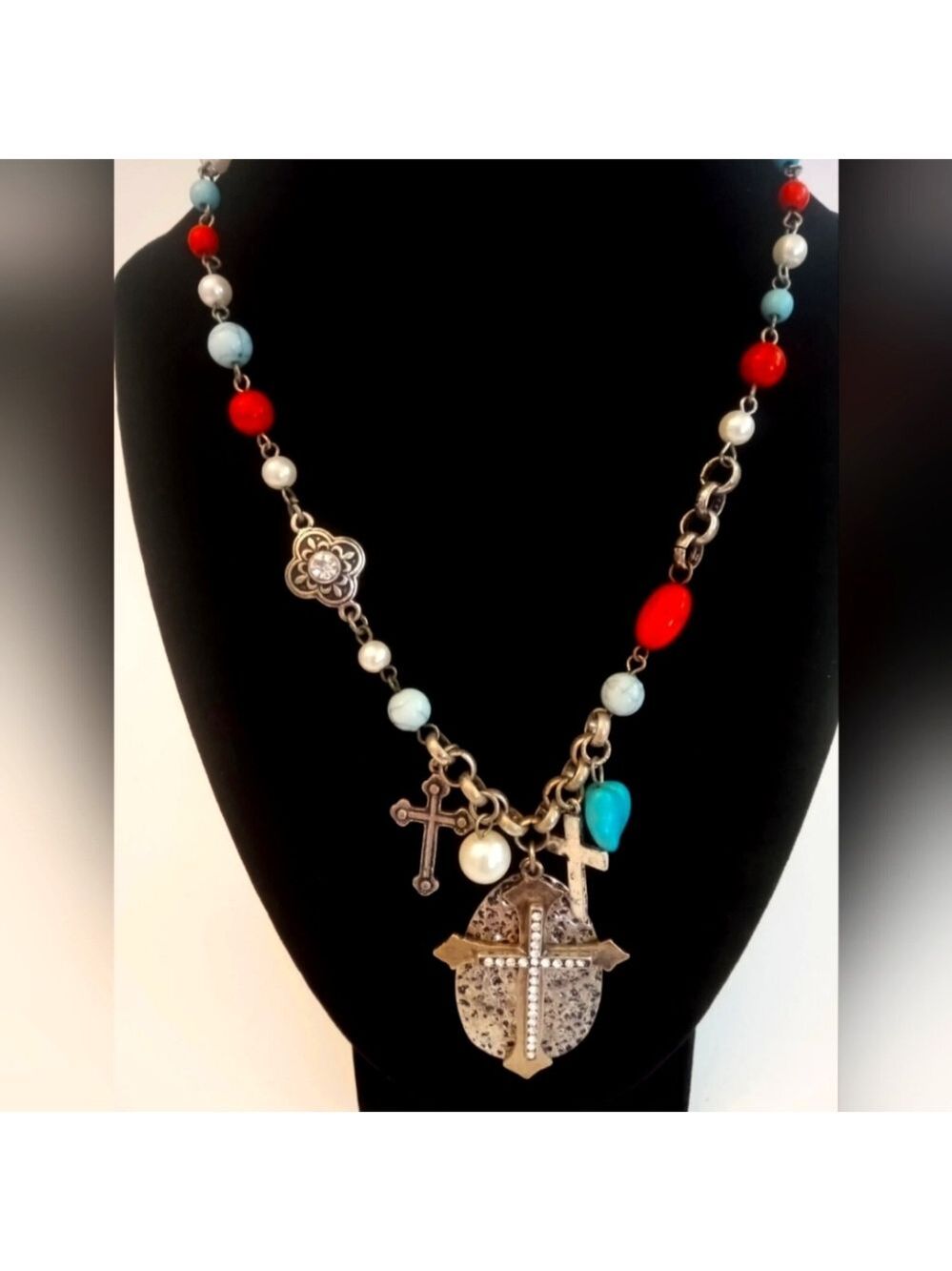 Rhinestone Cross Faux Turquoise Beaded Charm Style Necklace ~ Silver Tone 19'-19